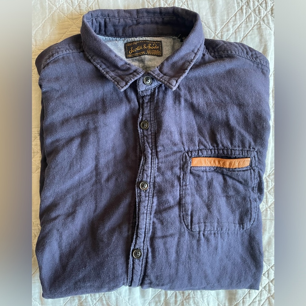 SCOTCH & SODA Leather Trim Double Faced Sleeve Keeper Shirt in Blue Size L